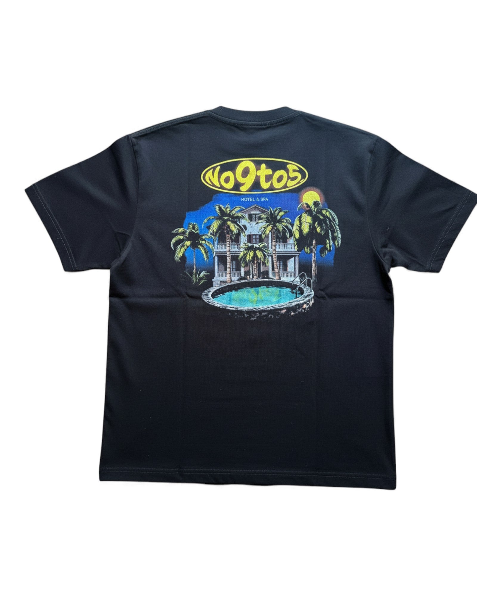 Oversized black Hotel & Spa T-shirt by no9to5 with minimalist back graphic